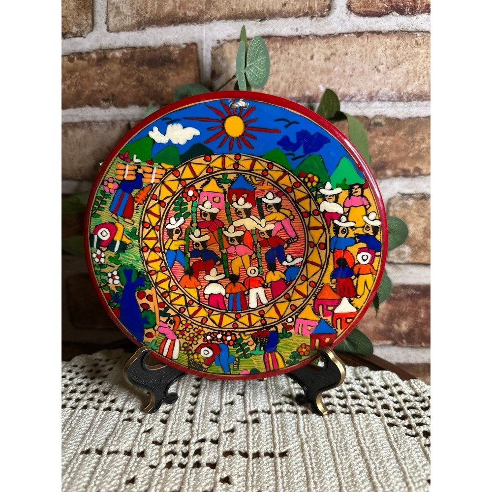 Vintage Mexican Folk Art Wood Story Plate Agustina Martinez Signed Ixtapa 6.25"